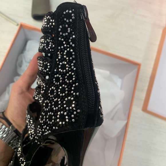 Open Toe Silver Crystal Stiletto Heel Bootie - Black Velvet - Picture 5 of 10